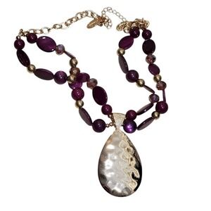 Jules‎ B Purple Beaded Double Strand Hammered Gold Tone Teardrop Necklace